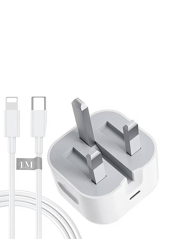 Gennext 20W Universal Fast Charging UK Plug Adapter, with 1-Meter Lightning Cable for Smartphones, White