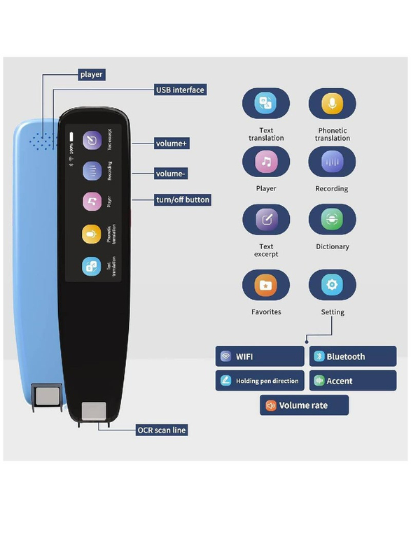 Original Voice Translator OCR Digital Reader Portable Pen Scanner with 112 Languages, Blue