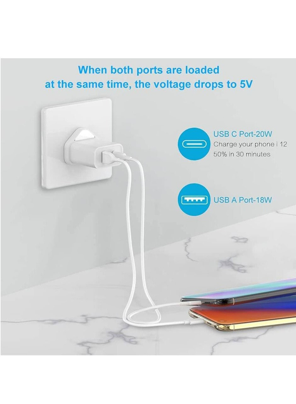 Gennext PD Dual Port Wall Charging, with USB Type-C Plug, 20W, White