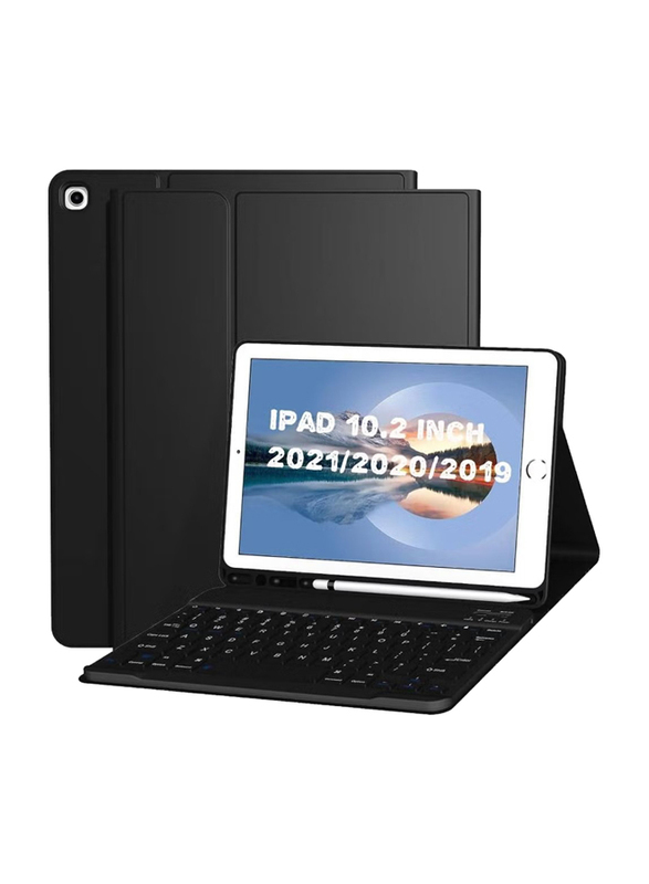 Detachable Wireless Bluetooth Keyboard, Folio Stand Case Cover With Pencil Holder for Apple iPad 10.2” 9th/8th/7th Generation (2021/2020/2019), Black
