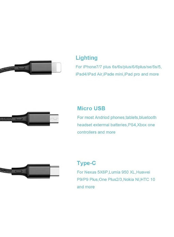 Gennext Nylon Braided 3 in 1 Fast Charging Cable, Micro-A USB to Multiple Types for iPhone/Samsung/Huawei/Oppo/Tables, Black