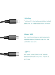 Gennext Nylon Braided 3 in 1 Fast Charging Cable, Micro-A USB to Multiple Types for iPhone/Samsung/Huawei/Oppo/Tables, Black