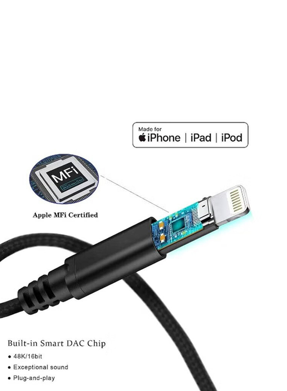 Gennext One Size 3.5mm Jack Aux Cord Esbee Cables, Lightning to 3.5mm Jack, MFi Certified for Car Apple iPhone, Black