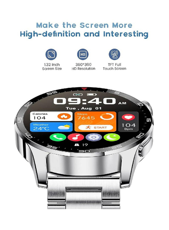 1.32-inch HD Screen Smartwatch with Bluetooth Call and IP67 Waterproof, Silver
