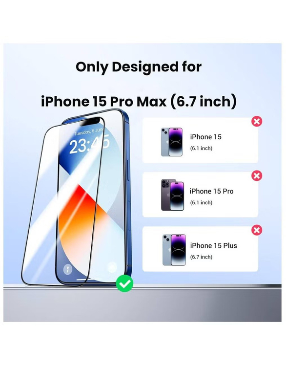 Apple iPhone 15 Pro Max 6.7-inch Anti-Fingerprint Bubble Free HD Clear Easy Installation 9H Tempered Glass Screen Protector, 2-Piece, Clear