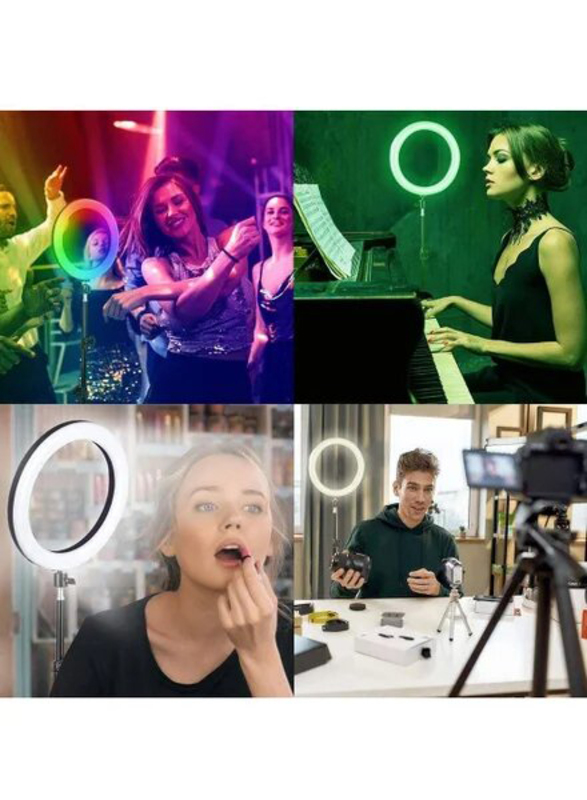 Gennext 10-inch 360° Full Color 13 Static Dynamic RGB Ring Light + 3 Daily Colors Selfie Ring Light with Adjustable Tripod Stand & Cell Phone Holder for Shooting & Live Stream, Black