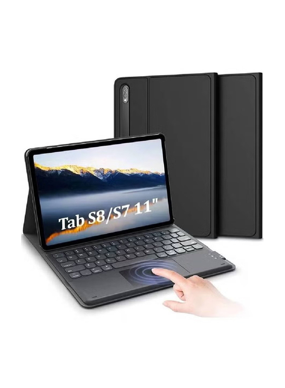 Gennext PU Slim Rechargeable & Detachable BT Wireless English Keyboard Case Cover Touchpad with S Pen Slot for Samsung Galaxy Tab S8/S7 11 inch, Black