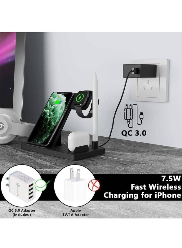 Gennext Qi-Certified 4 in 1 Wireless Charging Station with Adapter, Black