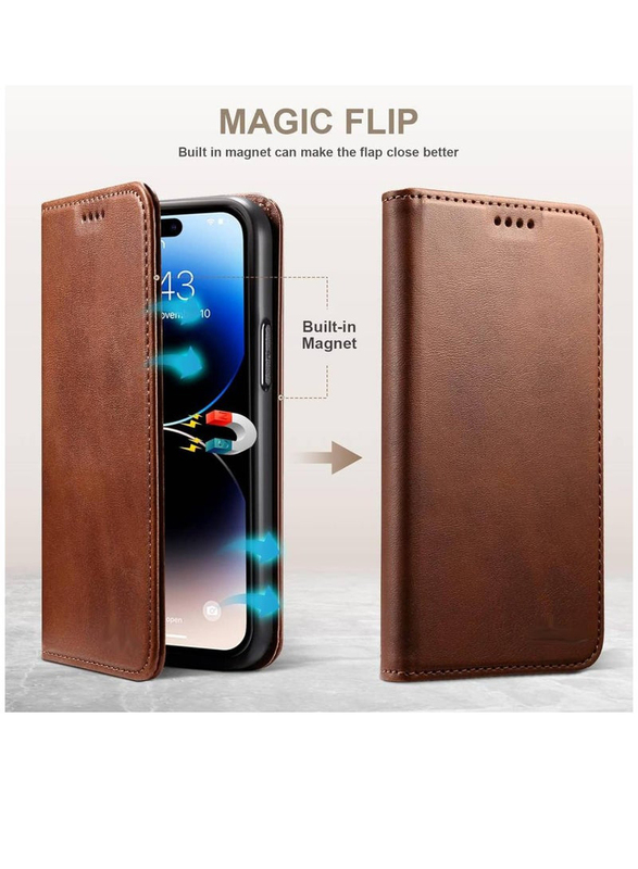 Apple iPhone 15 Pro 6.1 Inch Protective Leather Mobile Phone Flip Case Cover With Card Holder, Brown