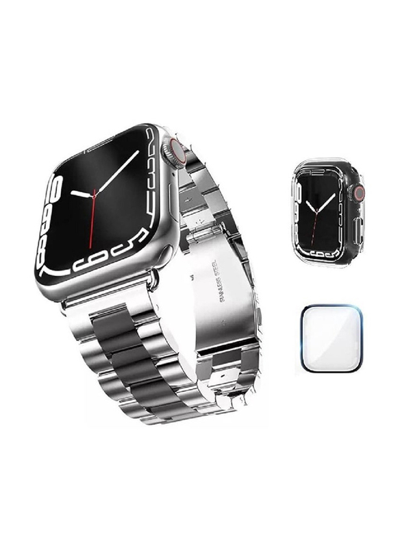 Gennext Stainless Steel Strap with Add on Screen Protector for Apple Watch 49mm/45mm/44mm/42mm, Silver/Black