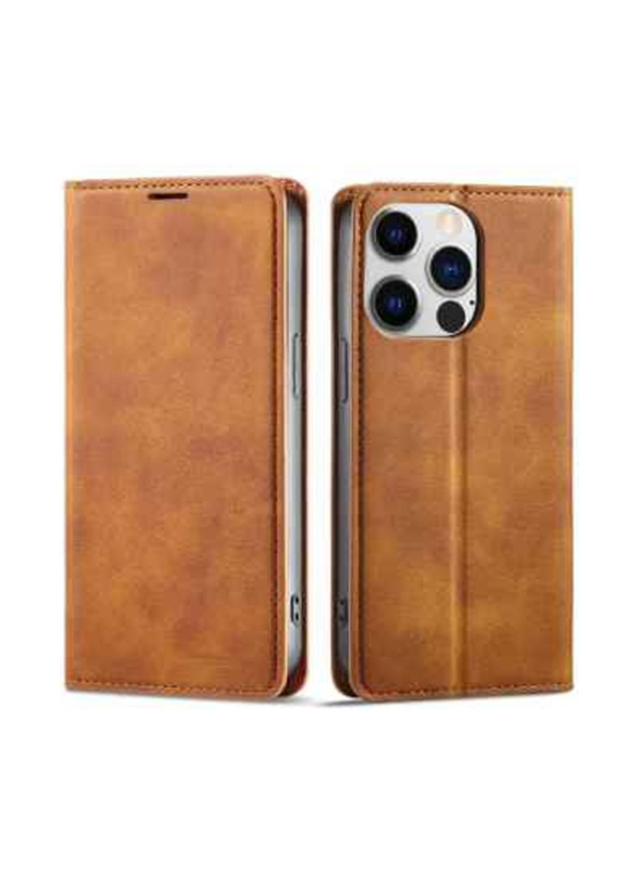 Apple iPhone 15 Pro 6.1 Inch Leather Mobile Phone Case Cover With Card Holder & Phone Grip, Brown