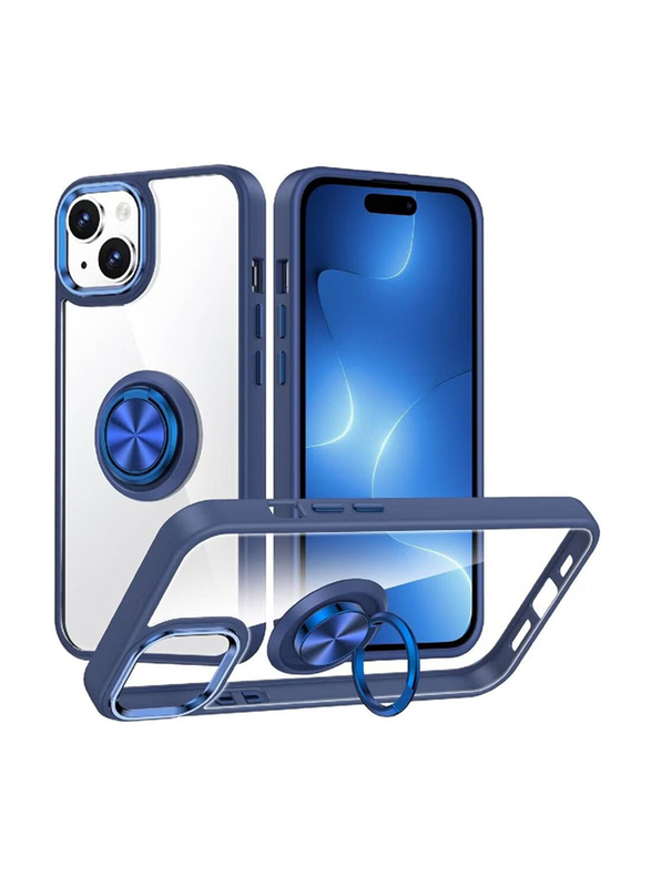 Apple iPhone 15 6.1 Inch Protective Shockproof Slim Lightweight TPU Bumper Mobile Phone Case Cover with Metal Ring Stand, Blue