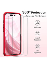 Gennext Apple iPhone 15 Plus Liquid Silicone Gel Rubber Cover Camera Protection Shockproof Protective Mobile Phone Case Cover with Screen Protector, 3 Pieces, Red/Clear