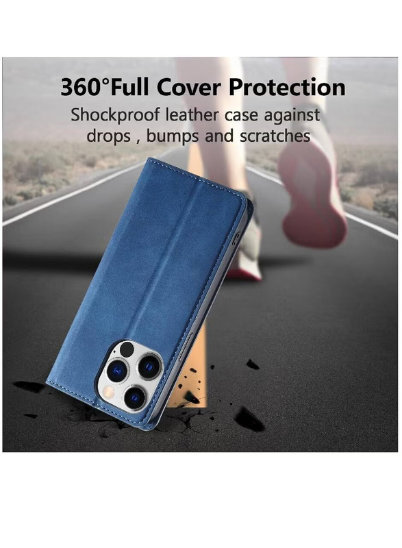 Apple iPhone 15 Pro 6.1 Inch Protective Leather Kickstand Wallet Case Card Holder & Phone Grip Mobile Phone Case Cover, Blue