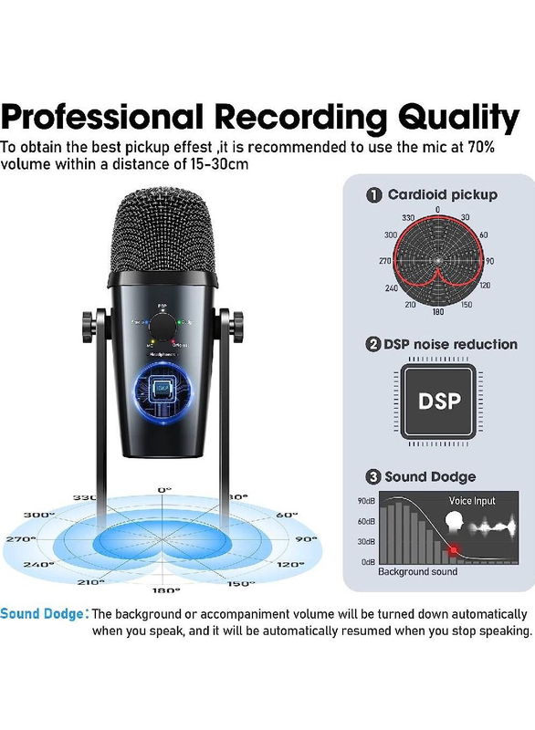PW10 Professional Metal Voice Recording Usb Condenser Studio and Podcast Recording Gaming Microphones for PC and Laptops, Black