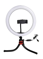 10 Inch Flexible Rod & Aluminium Ball Head LED Selfie Ring Light with Phone Holder for Smartphones, White/Black