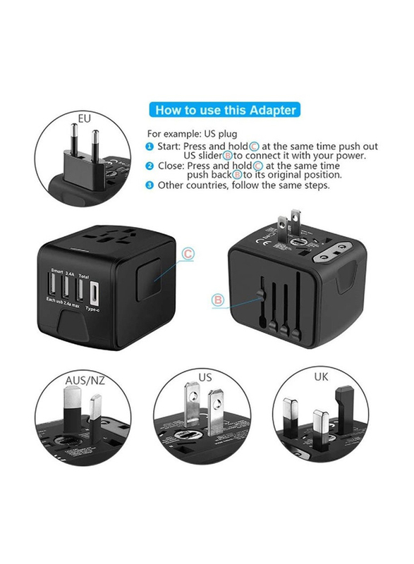 Gennext Universal International Travel Power Adapter, 2.4A High Speed, Black