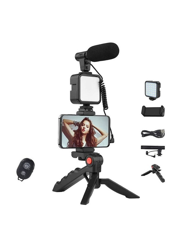 Vlogging Kit with Fill Light, Microphone & Tripod Phone Clip, Black