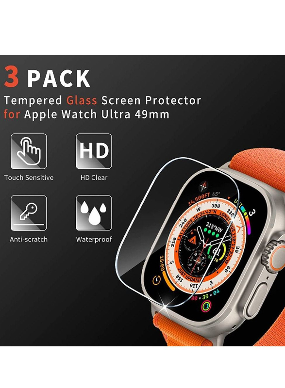 Anti Scratch HD Bubble Free Tempered Glass Screen Protector for Apple Watch Ultra 49mm, 3 Pieces, Clear