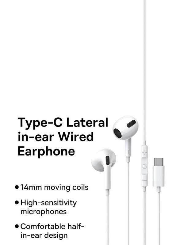Wired In-Ear Type-C Stereo Earbuds with Microphone and Volume Control for iPhone 15/15 Plus/15 Pro/15 Pro Max, White