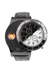 Gennext Analog USB Lighter Watch for Men with Leather Band, Chronograph, Grey/Black-White