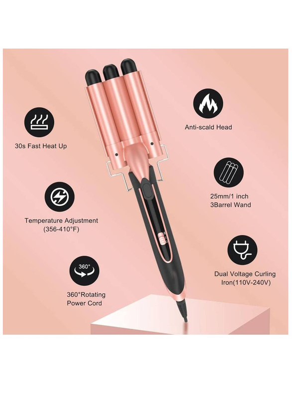 Gennext Professional 3-Barrel Curling Iron with Temperature Control, Big Wave Perm Splint & PTC Ceramic Coating, Black/Pink