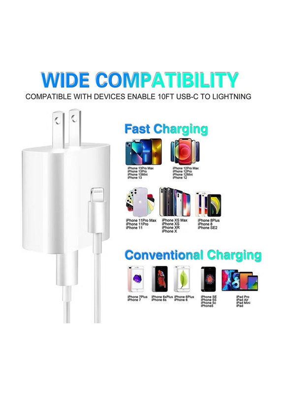 Gennext 20W Fast Charger Wall Adapter, Apple MFi Certified, with 3-Feet Lightning Charging Cable for Smartphones, White