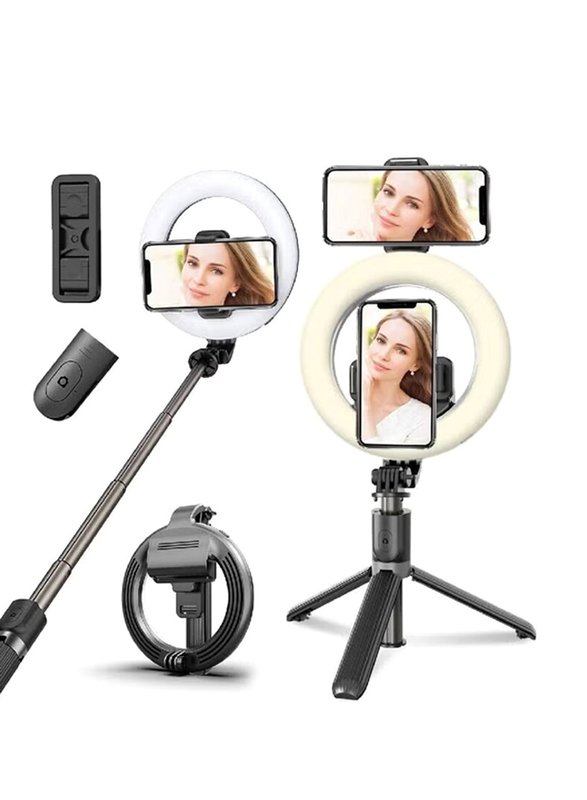 Gennext Universal Bluetooth LED Selfie Ring Light Tripod Stick Cell Phone Holder Stand for Live Stream Photography, Black