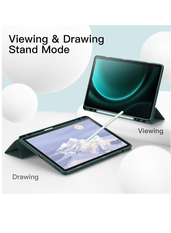 Samsung Galaxy Tab S9 FE 10.9-inch Support S Pen Charging Soft TPU Tri-Fold Stand Protective Tablet Cover with Auto Wake/Sleep Function, Green