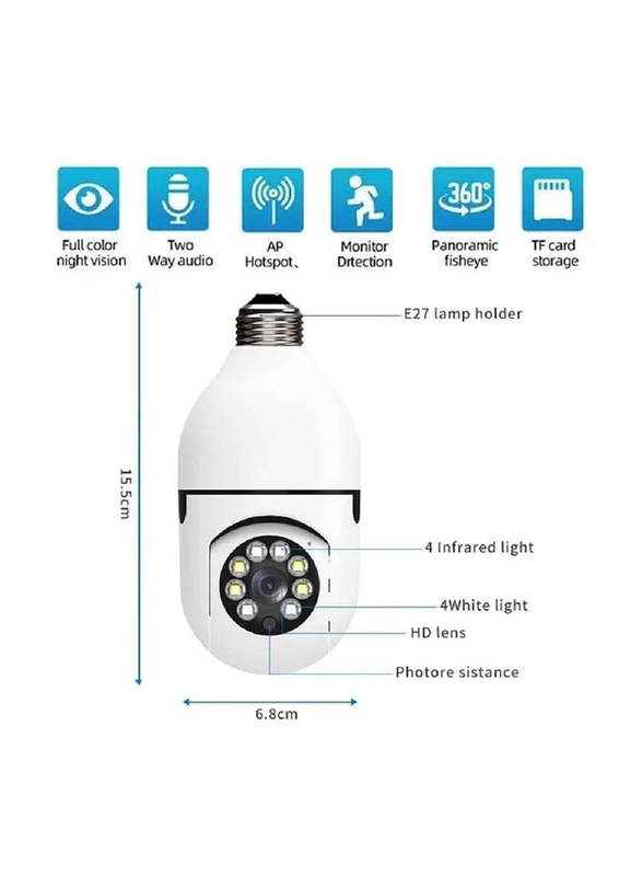 Gennext 360 Degree 2.4GHz & 5G WiFi 1080p Light Bulb Wireless Outdoor Security Camera, White