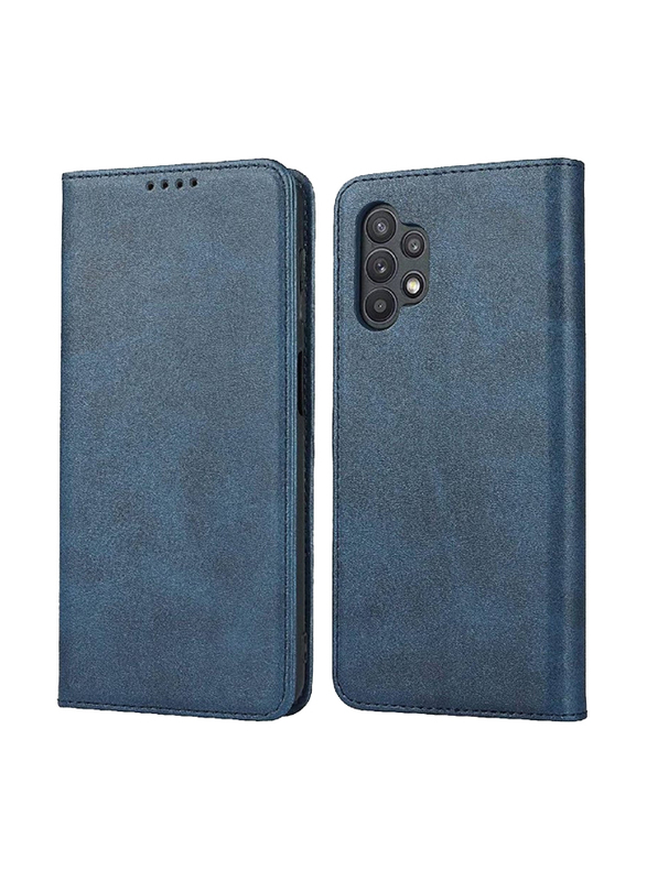 Zoomee Samsung Galaxy A32 5G Premium Leather Magnetic Mobile Phone Flip Case Cover with Card Slot, Blue