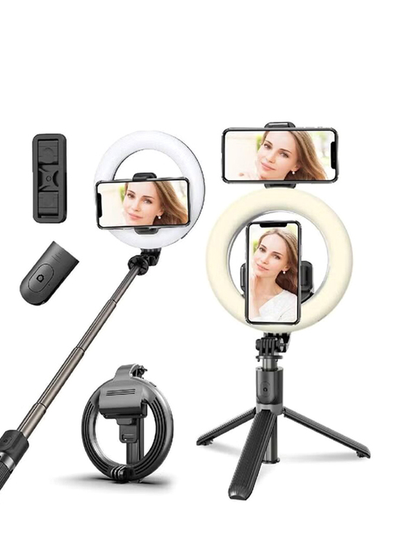 Universal Bluetooth LED Selfie Ring Light Tripod Stick Cell Phone Holder Stand for Live Stream Photography, Black