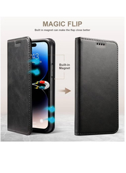 Apple iPhone 15 Pro Max 6.7" Protective Leather Kickstand Wallet Case With Card Holder And Phone Grip Cover, Black