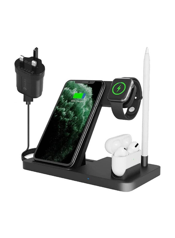 Gennext Qi Certificated 4 in 1 Wireless Charger Station with Adapter, Black