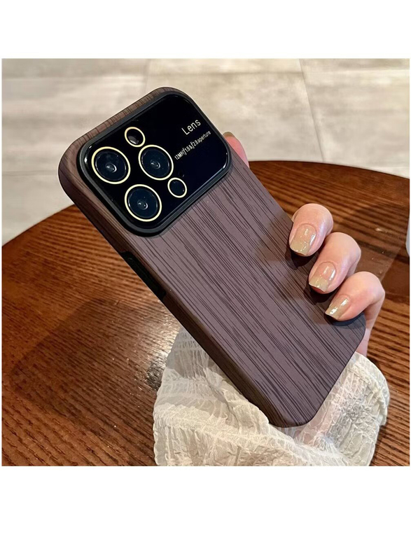 Apple iPhone 15 Pro 3 in 1 Luxury Wood Grain Big Window Glass Lens Camera Protection Armor Shockproof Mobile Phone Case Cover, Brown