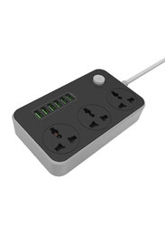 Universal Power Strips Fast Charging Wall Charger with 3-Way Outlets & 6-USB Plug Ports, 2 Meter, Black/Grey