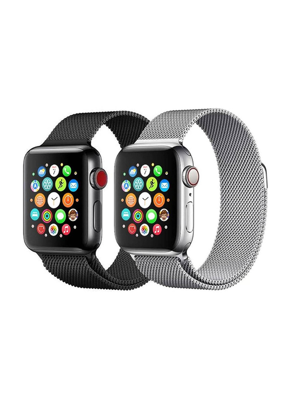 Gennext Stainless Steel Milanese Loop Band for Apple Watch 45mm/44mm/42mm, 2 Pieces, Black/Silver