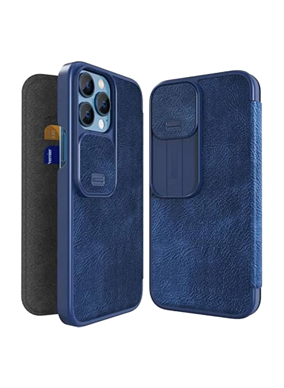 Nillkin Apple iPhone 13 Pro Qin Pro Flip Leather Wallet Mobile Phone Case Cover with Card Holder & Slide Camera Protection, Blue