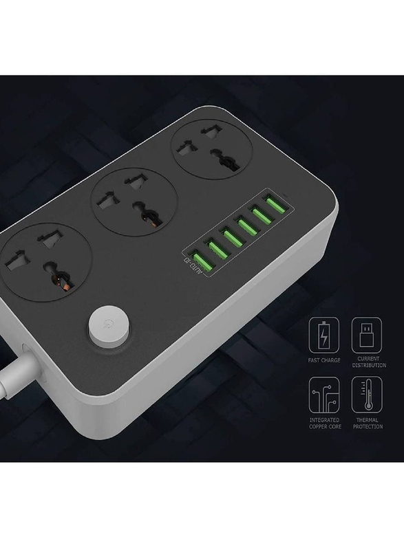 Universal Power Strips Fast Charging Wall Charger with 3-Way Outlets & 6-USB Plug Ports, 2 Meter, Black/Grey