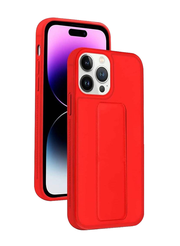 Zoomee Apple iPhone 14 Pro Magnetic Foldable Back Stand and Finger Strap TPU Mobile Phone Case Cover, Red