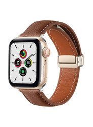 Leather Folding Metal Buckles Replacement Strap Band for Apple Watch Series Ultra SE/7/8/6/5/4/3/2/1 - 49/42/44/45mm, Brown