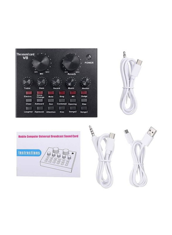 V8 Multifunctional Live Sound Card USB Interface Intelligent Volume Adjustable Audio Mixer, Black