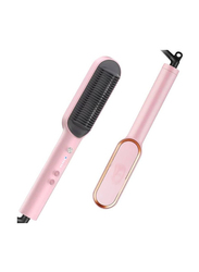 Smoothing Iron Brush Heating Comb Ceramic Fast Heating & 5 Temp Settings Hair Straightener, Pink