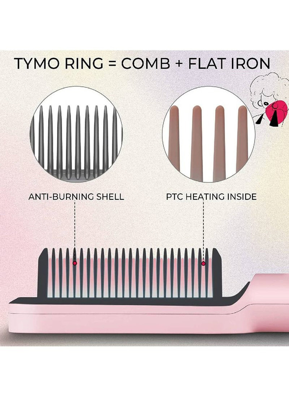 Smoothing Iron Brush Heating Comb Ceramic Fast Heating & 5 Temp Settings Hair Straightener, Pink