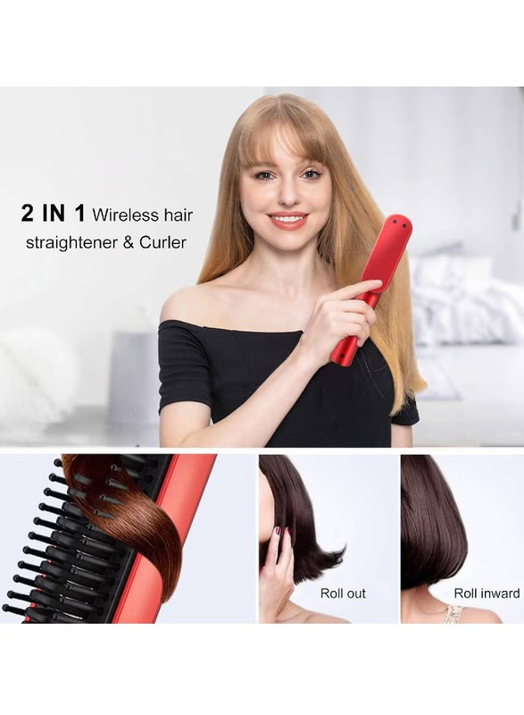 Gennext Professional Straight Hair Comb Wireless Rechargeable Hair Straightener & Curler Perfect Straight Flat Iron, Red