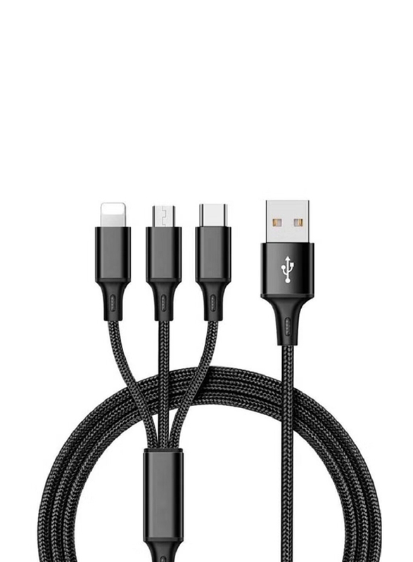 Nylon 3 in 1 Fast Charging Cable for Type-C Micro & iPhone Pins Smart Charge 3 Port Data Charging Cable, Black