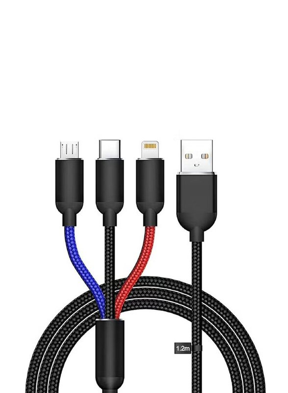 Gennext 1.2 Meters 3-in-1 Multiple Types Charging IP USB Cable Cord, Fast Charging USB Type-A Male to Multiple Types for Smartphones/Tablets, Black/Blue/Red