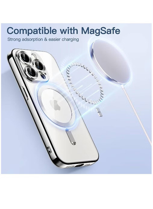 Apple iPhone 15 Pro Max Camera Lens Full Protection With MagSafe Wireless Charging Electroplated Shockproof Soft TPU Mobile Phone Case Cover, Silver