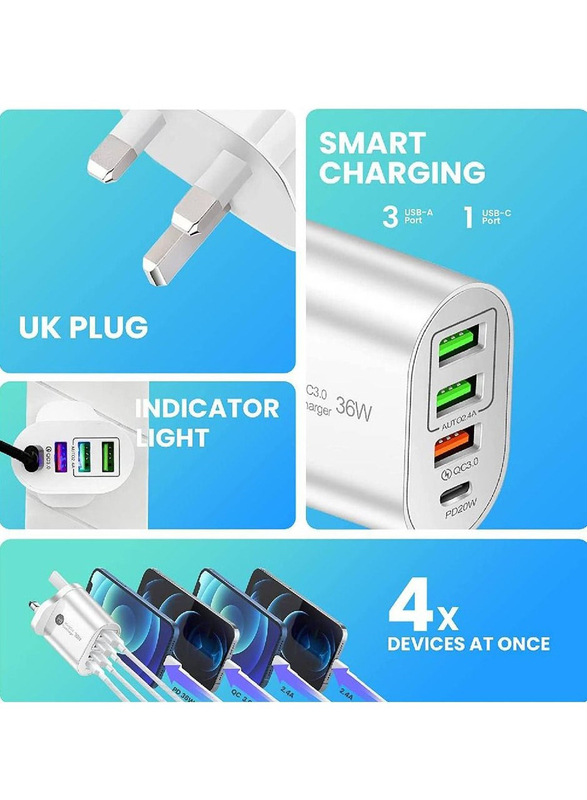 Gennext 36W 3.0 Quick Charging PD Wall Charger with USB Type-C to Micro USB Multi-Port Power Adapter, White