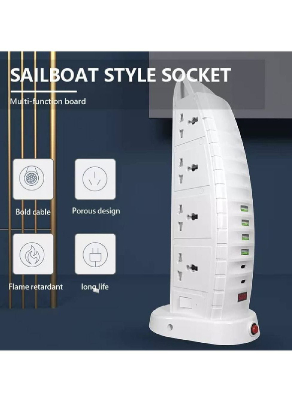 Gennext Burj Al Arab Sailboat Shape Tower Extension Lead with 8 Ways AC Universal Outlets, White